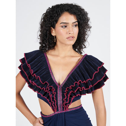 S&N by Shantnu Nikhil Womens Elastane Embroidered Navy Blue Dress