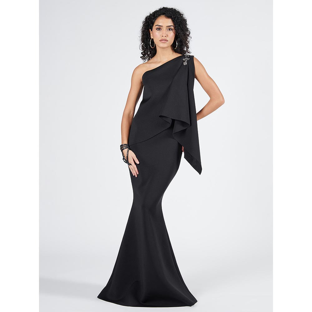 S&N by Shantnu Nikhil Womens Jersey Solid Black Gown