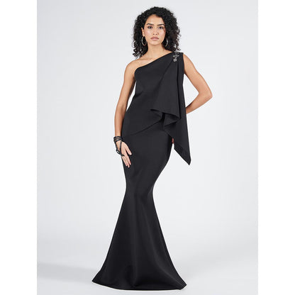 S&N by Shantnu Nikhil Womens Jersey Solid Black Gown
