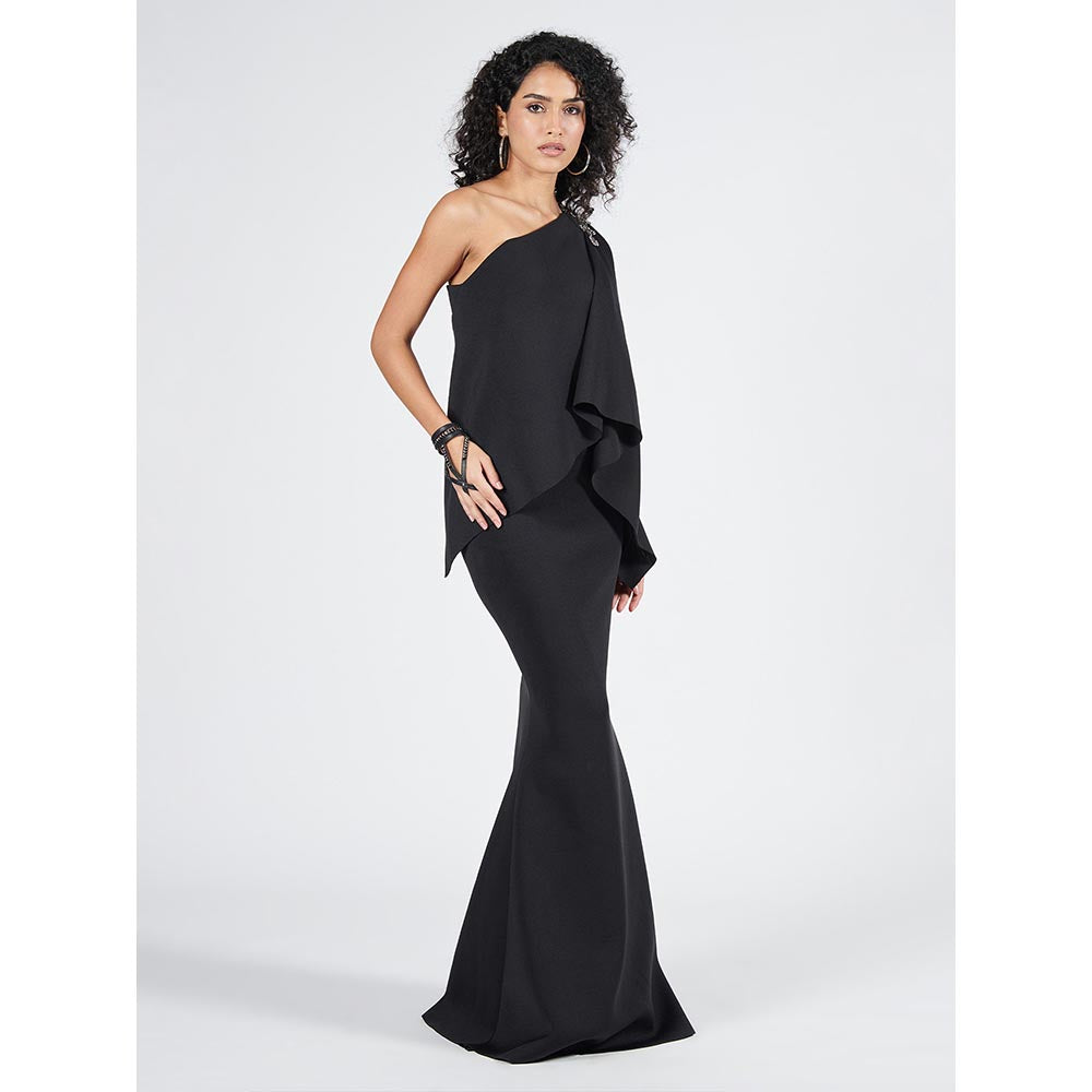 S&N by Shantnu Nikhil Womens Jersey Solid Black Gown