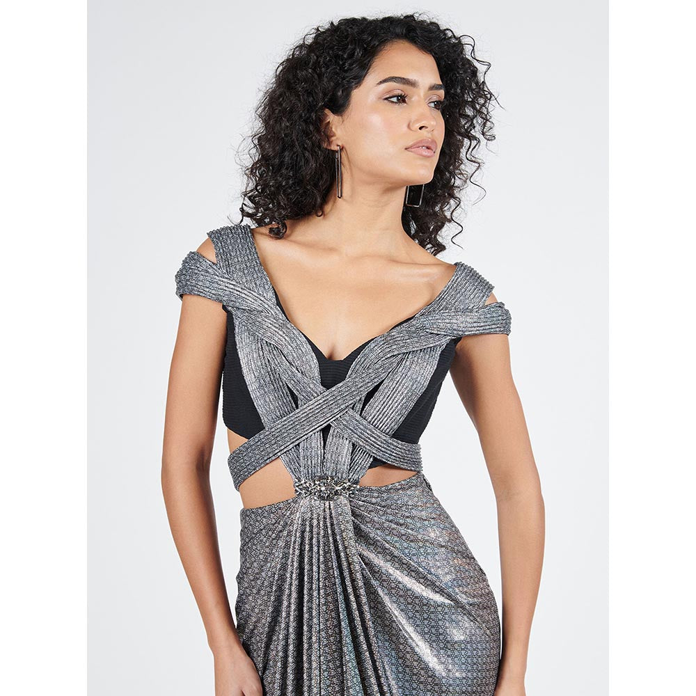 S&N by Shantnu Nikhil Womens Jersey Printed Grey Gown