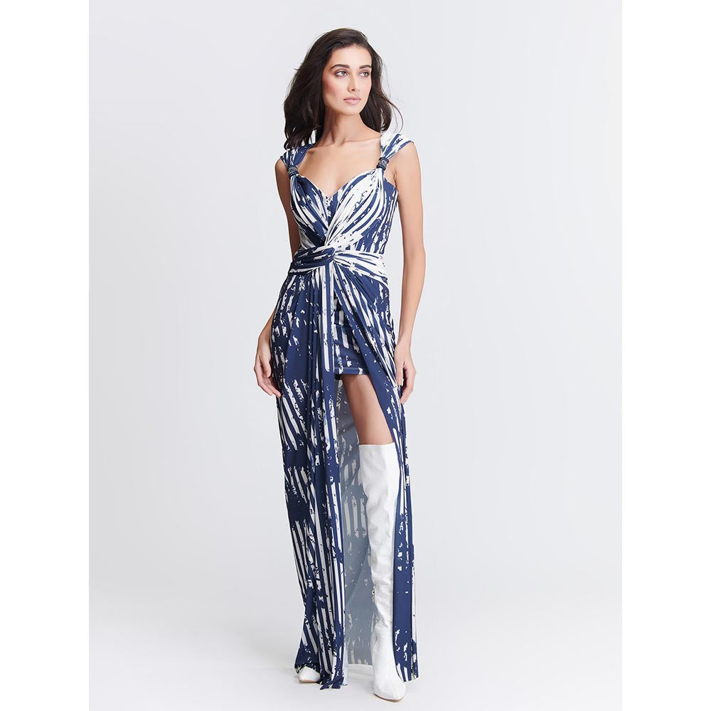 S&N by Shantnu Nikhil Womens Jersey Printed Navy Blue Gown