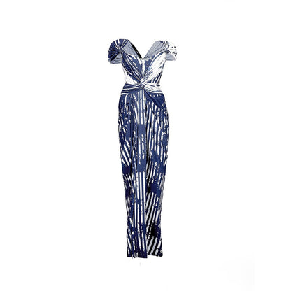 S&N by Shantnu Nikhil Womens Jersey Printed Navy Blue Gown