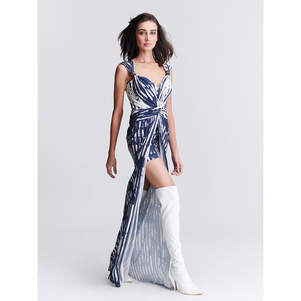 S&N by Shantnu Nikhil Womens Jersey Printed Navy Blue Gown