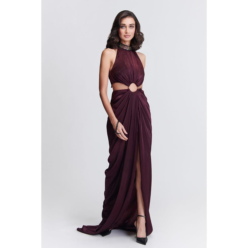 S&N by Shantnu Nikhil Womens Jersey Sequined Wine Gown