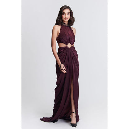S&N by Shantnu Nikhil Womens Jersey Sequined Wine Gown