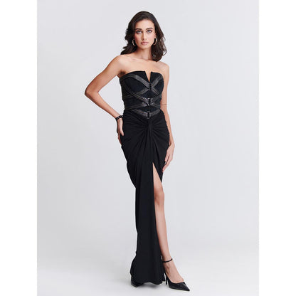 S&N by Shantnu Nikhil Womens Jersey Sequined Black Gown