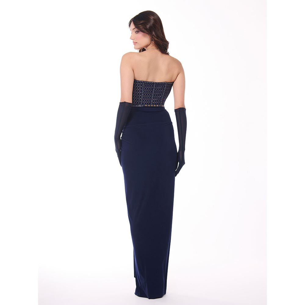 S&N by Shantnu Nikhil Navy Blue Solid Draped Skirt