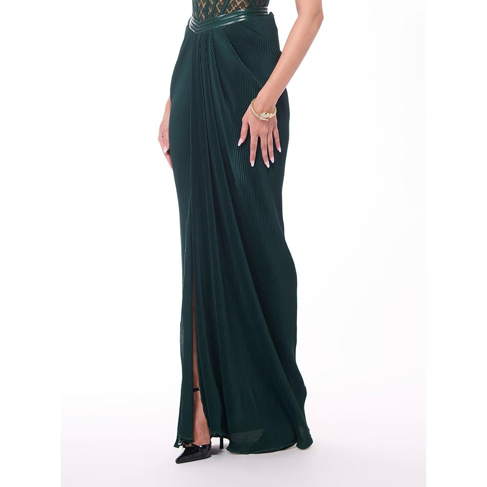 S&N by Shantnu Nikhil Emerald Pleated Draped Skirt