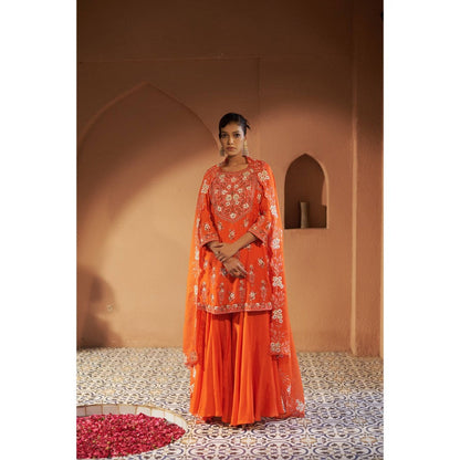 Sonia Khatri Orange Plumeria Sharara with Kurta and Dupatta (Set of 3)