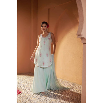 Sonia Khatri Green Camellia Elegance Sharara with Kurta and Dupatta (Set of 3)