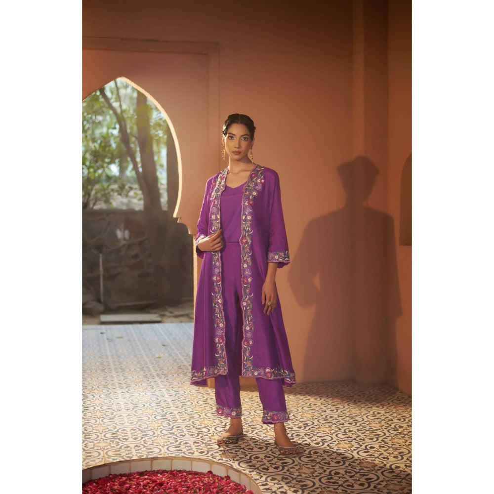 Sonia Khatri Purple Pansy Embroidered Jacket with Top and Pant (Set of 3)