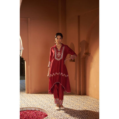 Sonia Khatri Maroon Persian Buttercup High-Low Kurta with Pant (Set of 2)