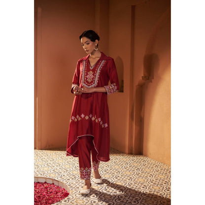 Sonia Khatri Maroon Persian Buttercup High-Low Kurta with Pant (Set of 2)