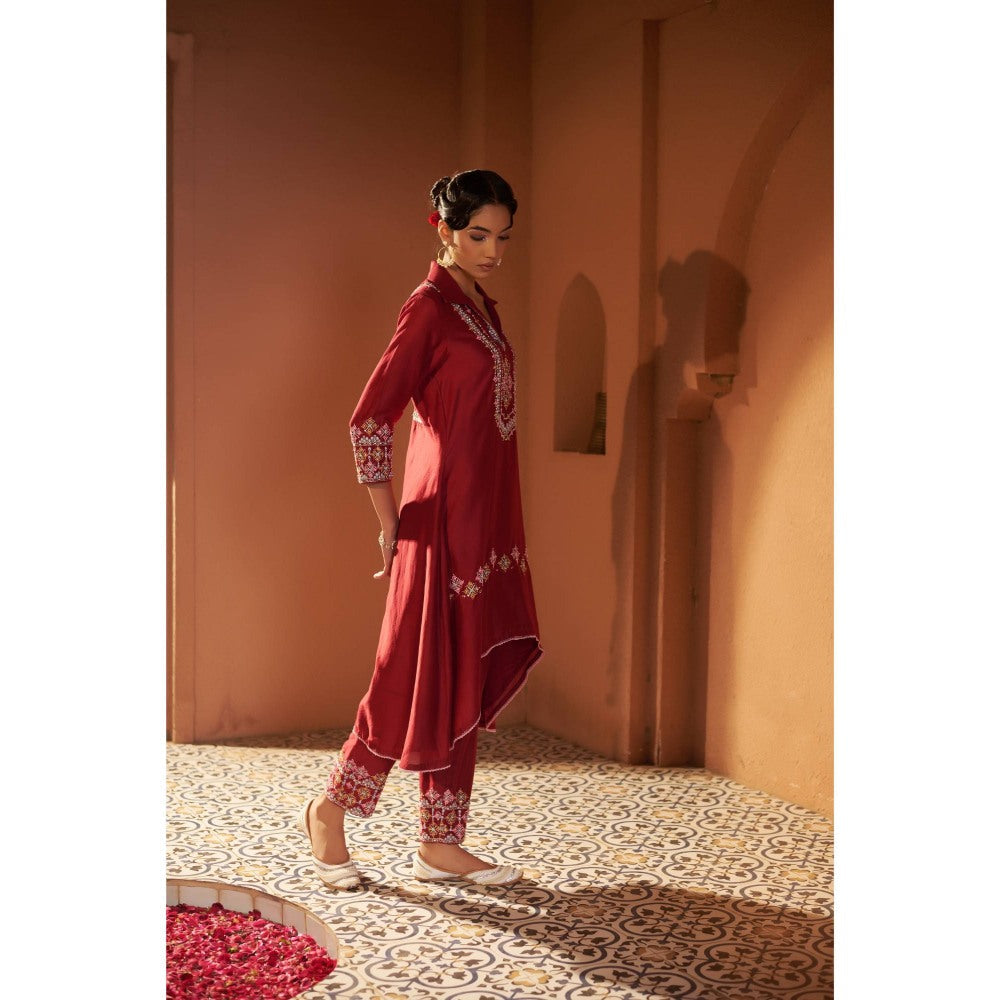 Sonia Khatri Maroon Persian Buttercup High-Low Kurta with Pant (Set of 2)