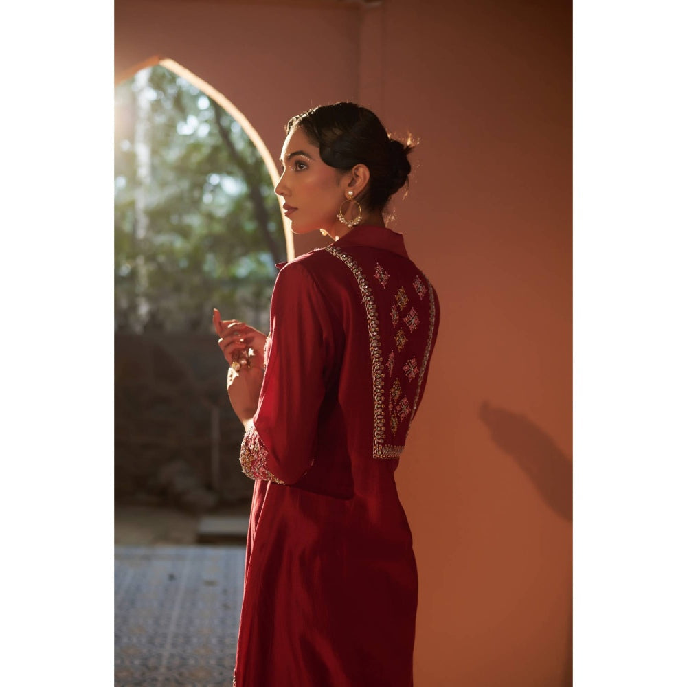 Sonia Khatri Maroon Persian Buttercup High-Low Kurta with Pant (Set of 2)