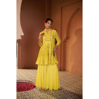 Sonia Khatri Yellow Sunflower Peplum Top with Sharara (Set of 2)
