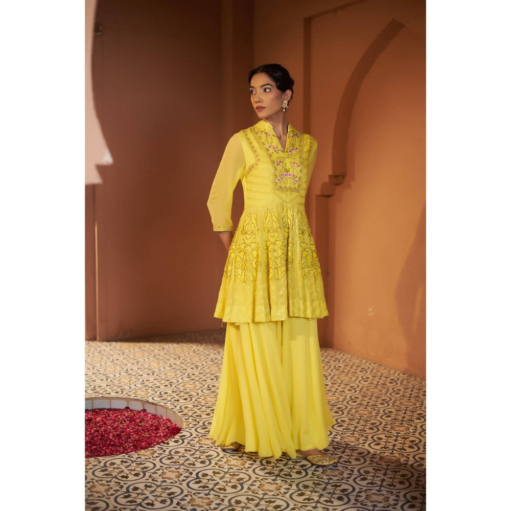 Sonia Khatri Yellow Sunflower Peplum Top with Sharara (Set of 2)