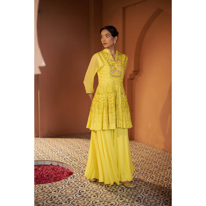 Sonia Khatri Yellow Sunflower Peplum Top with Sharara (Set of 2)