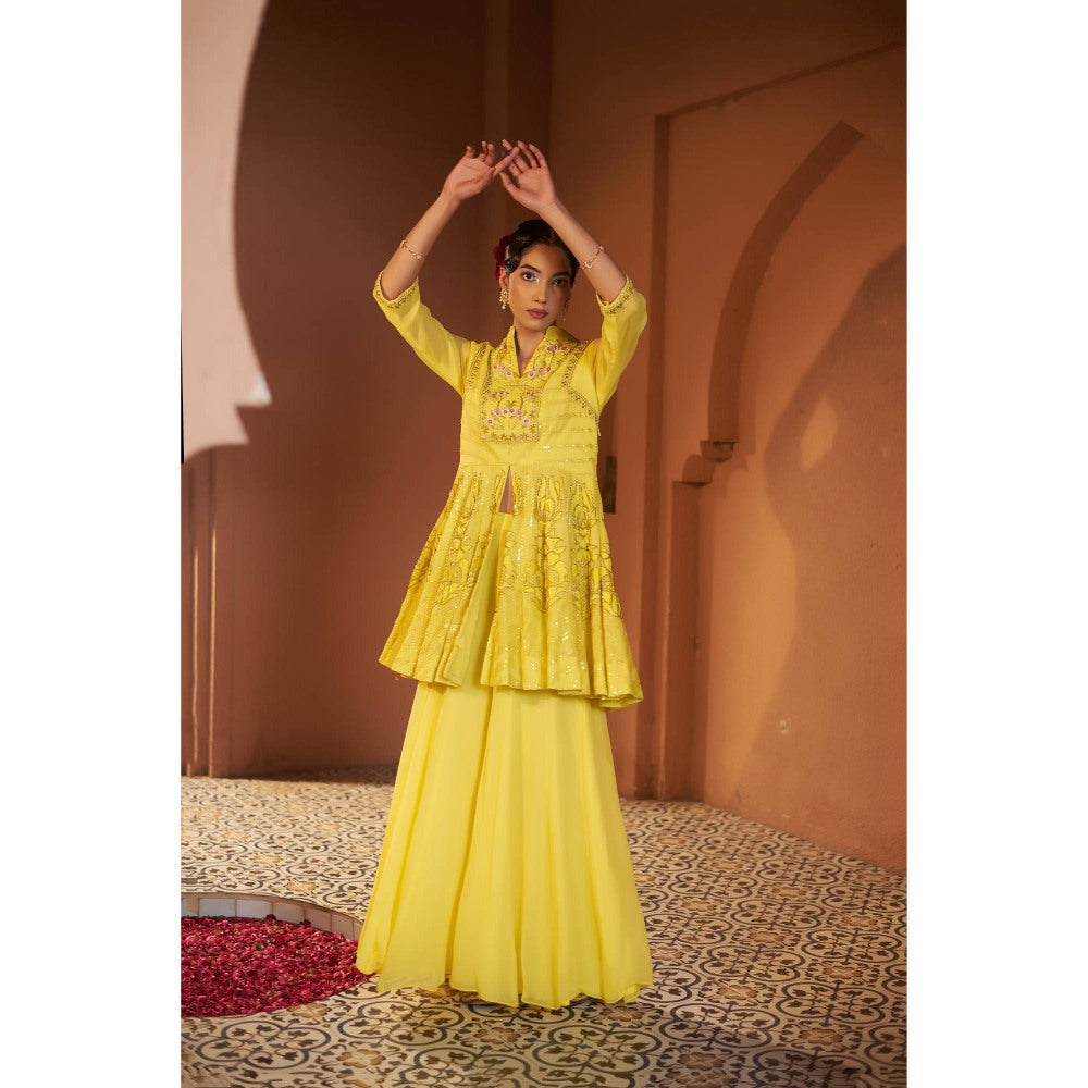 Sonia Khatri Yellow Sunflower Peplum Top with Sharara (Set of 2)