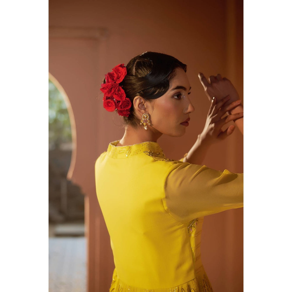 Sonia Khatri Yellow Sunflower Peplum Top with Sharara (Set of 2)