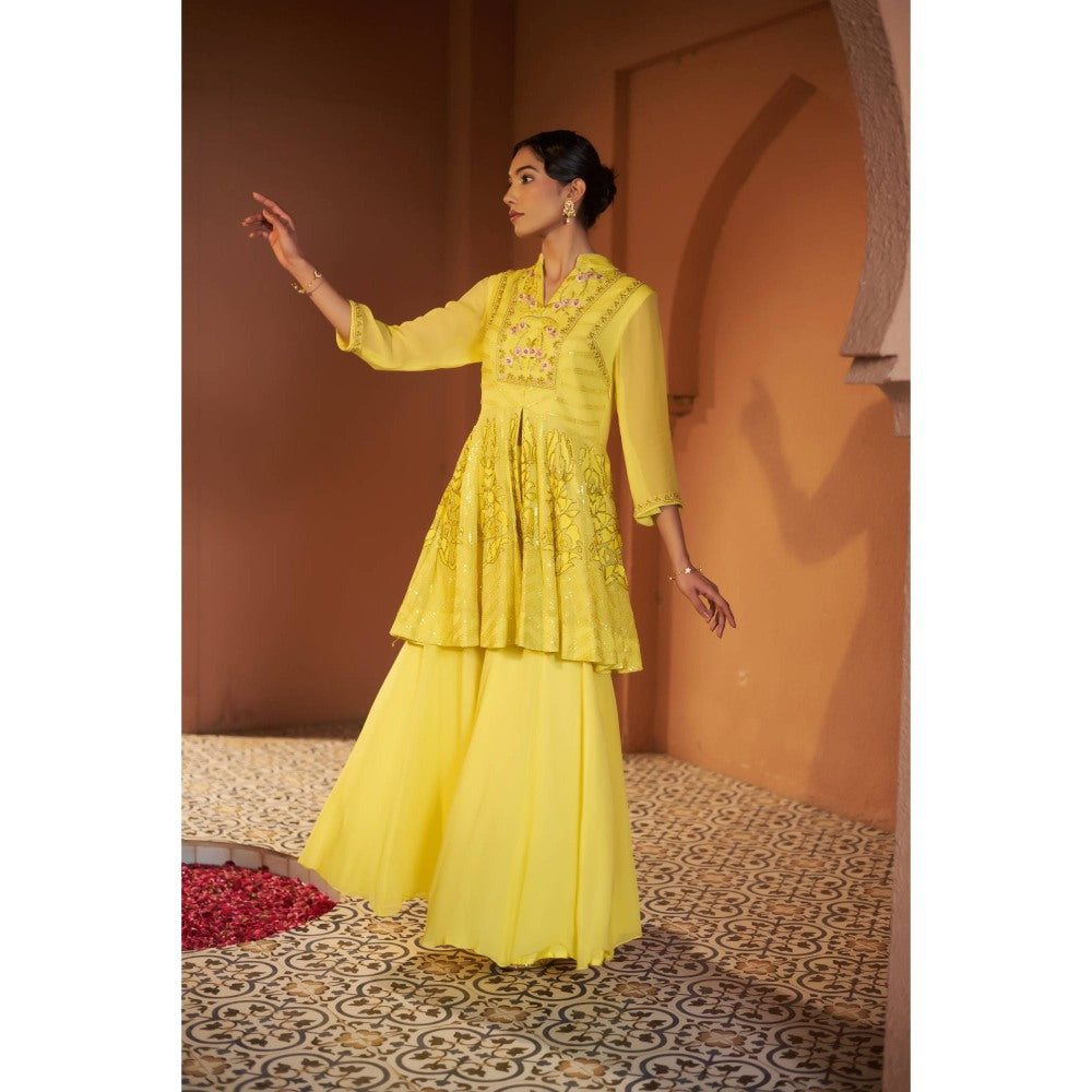 Sonia Khatri Yellow Sunflower Peplum Top with Sharara (Set of 2)
