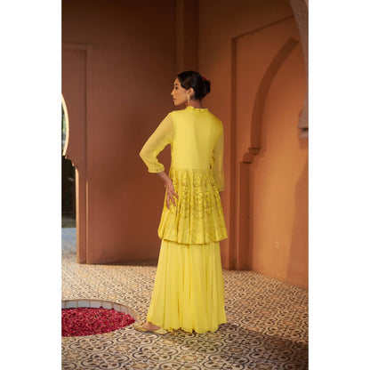Sonia Khatri Yellow Sunflower Peplum Top with Sharara (Set of 2)
