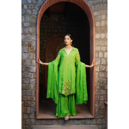 Sonia Khatri Green Blossom Sharara with Kurta and Dupatta (Set of 3)