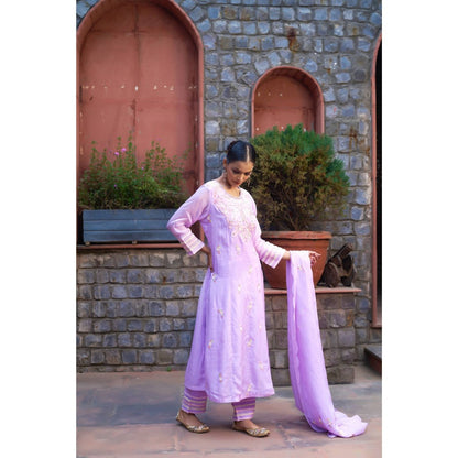 Sonia Khatri Pale Lavender Flora Kurta with Pant and Dupatta (Set of 3)