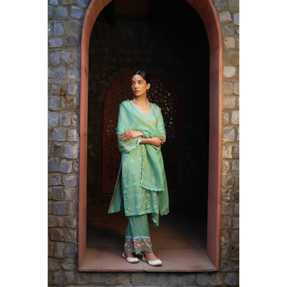 Sonia Khatri Green Flora Kurta with Pant' (Set of 3)