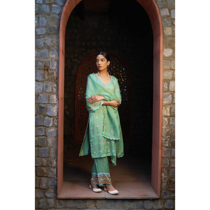 Sonia Khatri Green Flora Kurta with Pant' (Set of 3)