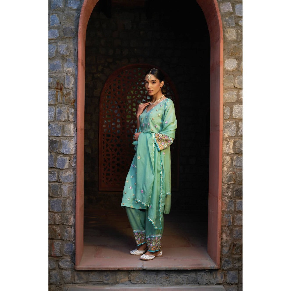 Sonia Khatri Green Flora Kurta with Pant' (Set of 3)