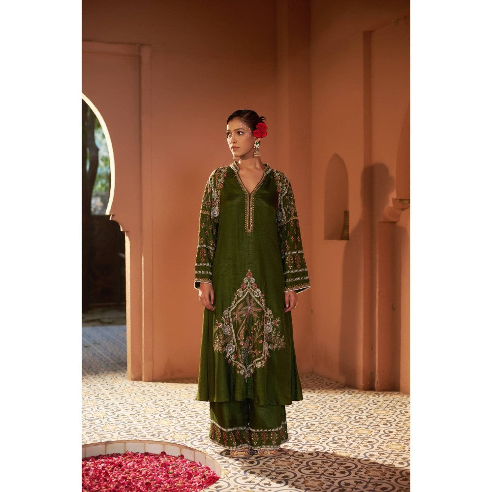 Sonia Khatri Dark Olive Surmai Long Kurta with Palazzo (Set of 2)