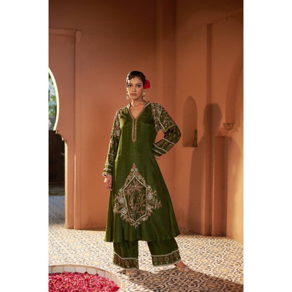Sonia Khatri Dark Olive Surmai Long Kurta with Palazzo (Set of 2)