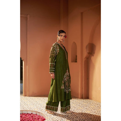 Sonia Khatri Dark Olive Surmai Long Kurta with Palazzo (Set of 2)
