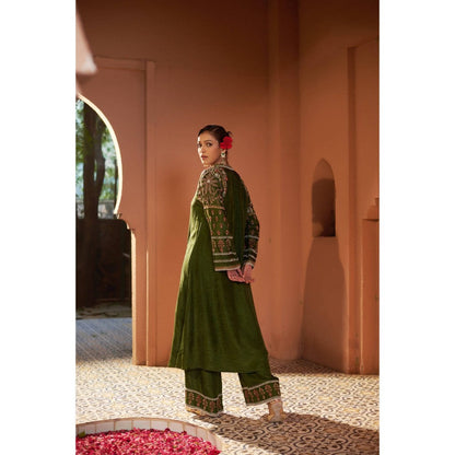Sonia Khatri Dark Olive Surmai Long Kurta with Palazzo (Set of 2)