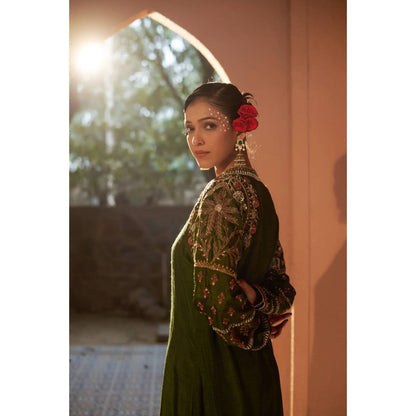 Sonia Khatri Dark Olive Surmai Long Kurta with Palazzo (Set of 2)