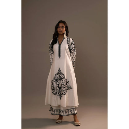 Sonia Khatri White Surmai Long Kurta with Palazzo (Set of 2)
