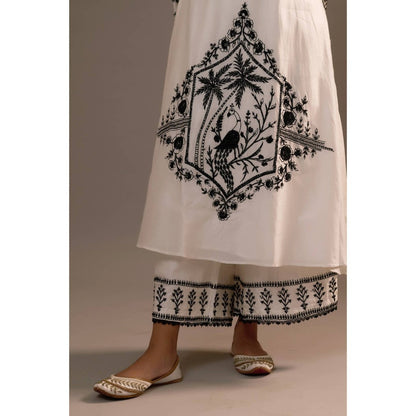 Sonia Khatri White Surmai Long Kurta with Palazzo (Set of 2)