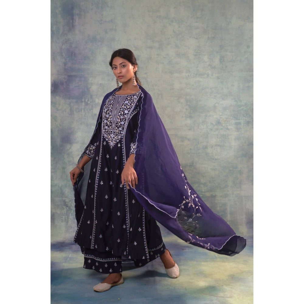 Sonia Khatri Blue Ebony Clay Resham Kurta with Palazzo and Dupatta (Set of 3)