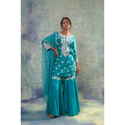Sonia Khatri Macaw Teal Sharara with Kurta and Dupatta (Set of 3)