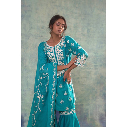 Sonia Khatri Macaw Teal Sharara with Kurta and Dupatta (Set of 3)