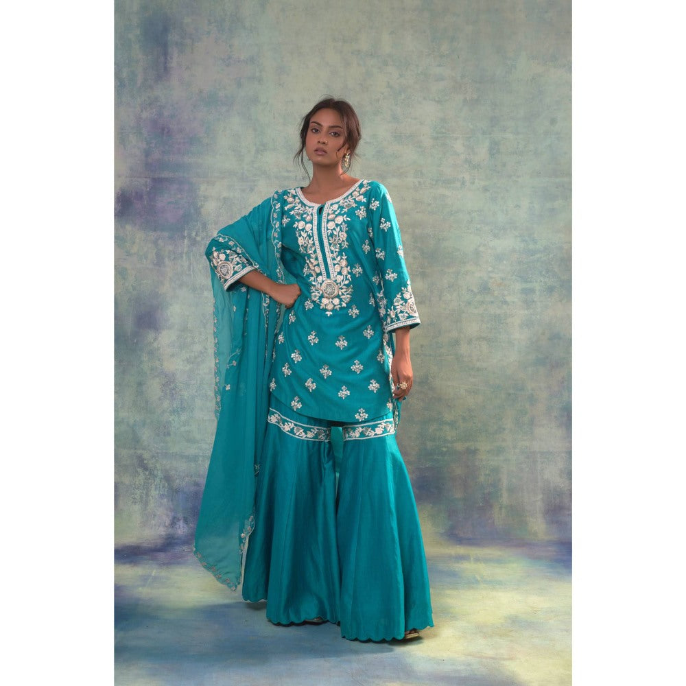 Sonia Khatri Macaw Teal Sharara with Kurta and Dupatta (Set of 3)