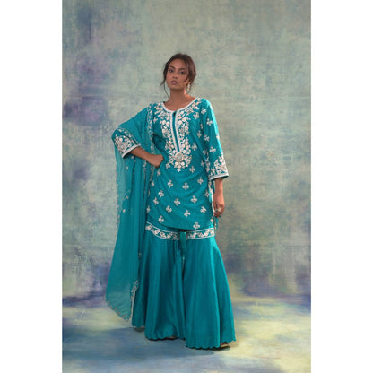 Sonia Khatri Macaw Teal Sharara with Kurta and Dupatta (Set of 3)