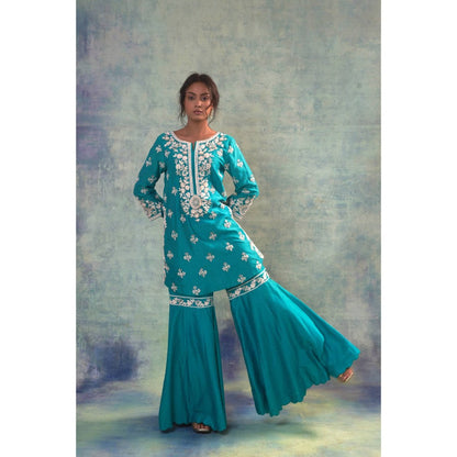Sonia Khatri Macaw Teal Sharara with Kurta and Dupatta (Set of 3)