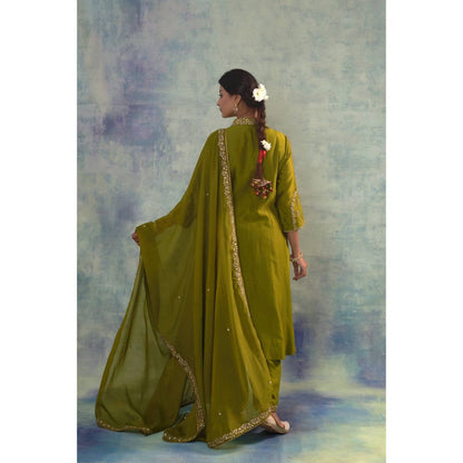 Sonia Khatri Mehndi Green Regal Kurta with Palazzo and Dupatta (Set of 3)