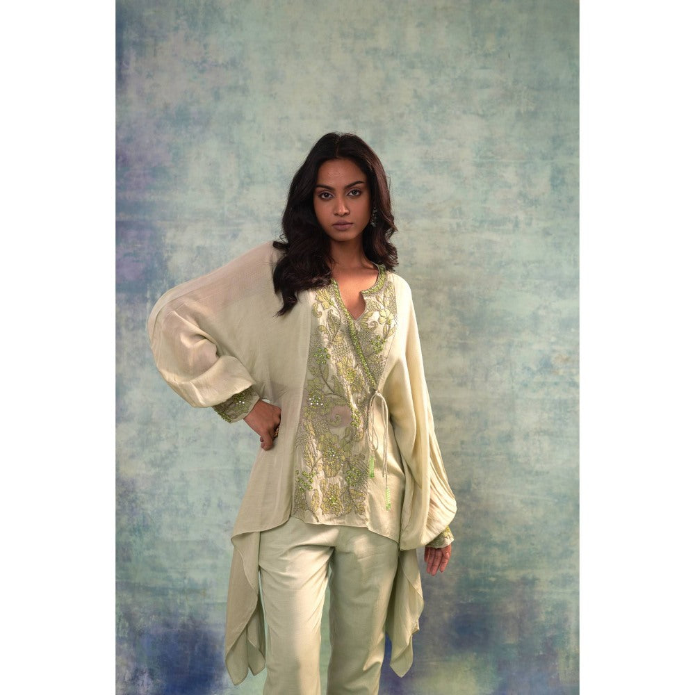 Sonia Khatri Tan Green Floral Top with Pant and Inner (Set of 3)