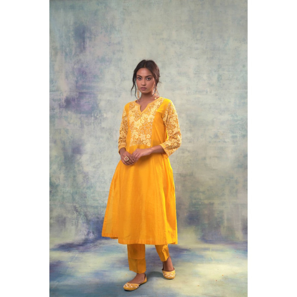 Sonia Khatri Lightning Yellow Floral Kurta with Pant (Set of 3)