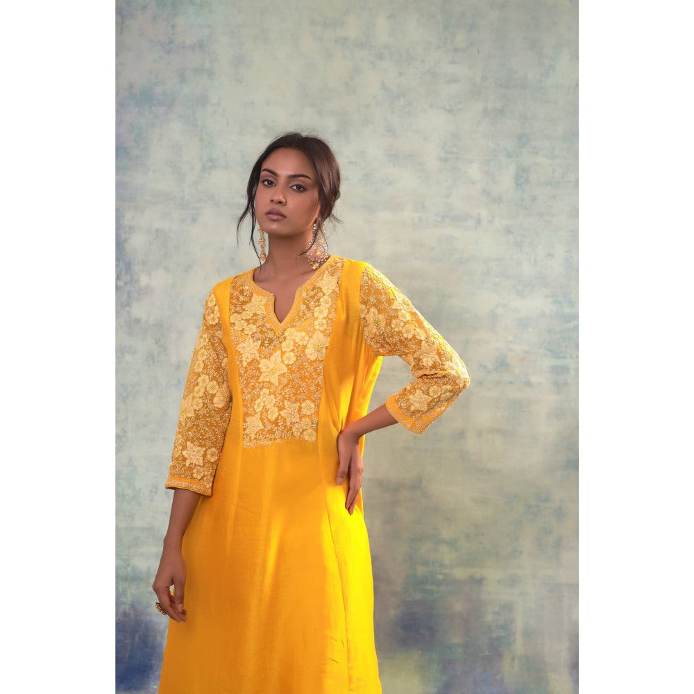 Sonia Khatri Lightning Yellow Floral Kurta with Pant (Set of 3)