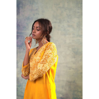 Sonia Khatri Lightning Yellow Floral Kurta with Pant (Set of 3)